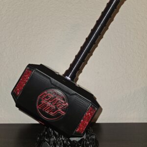 Soul Patch Mjolnir – 3D Printed Display Hammer in Black and Red on Stand