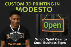 Custom 3D printing in Modesto featuring school spirit chains and small business signs designed by WestSide3D.