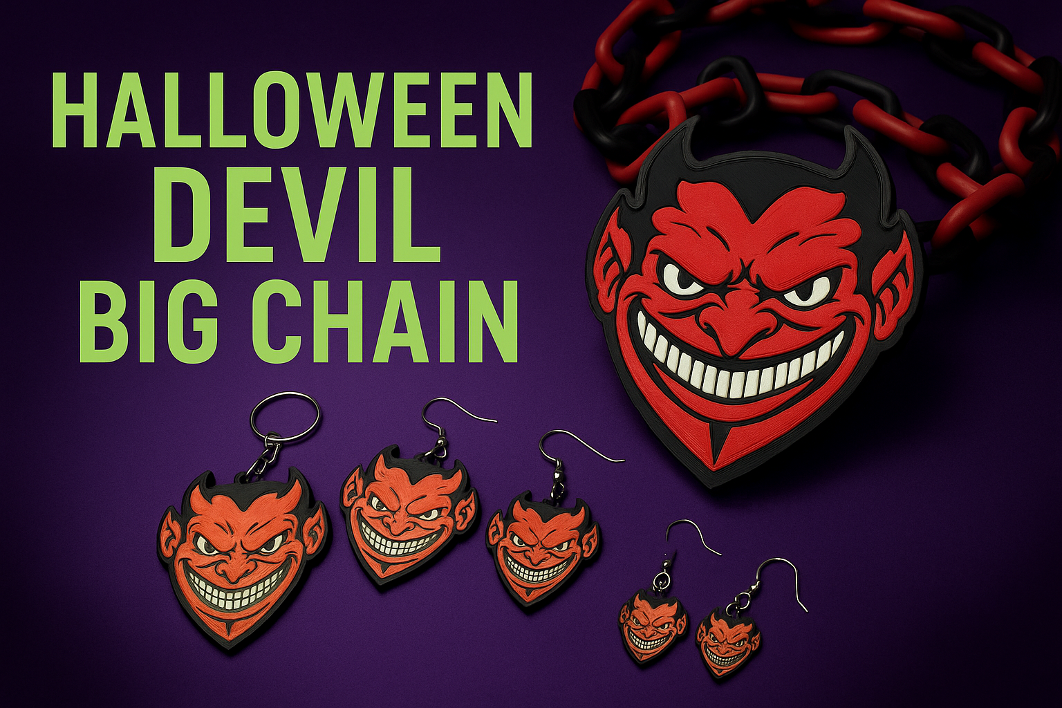 3D printed Halloween devil big chain necklace with matching earrings and keychain