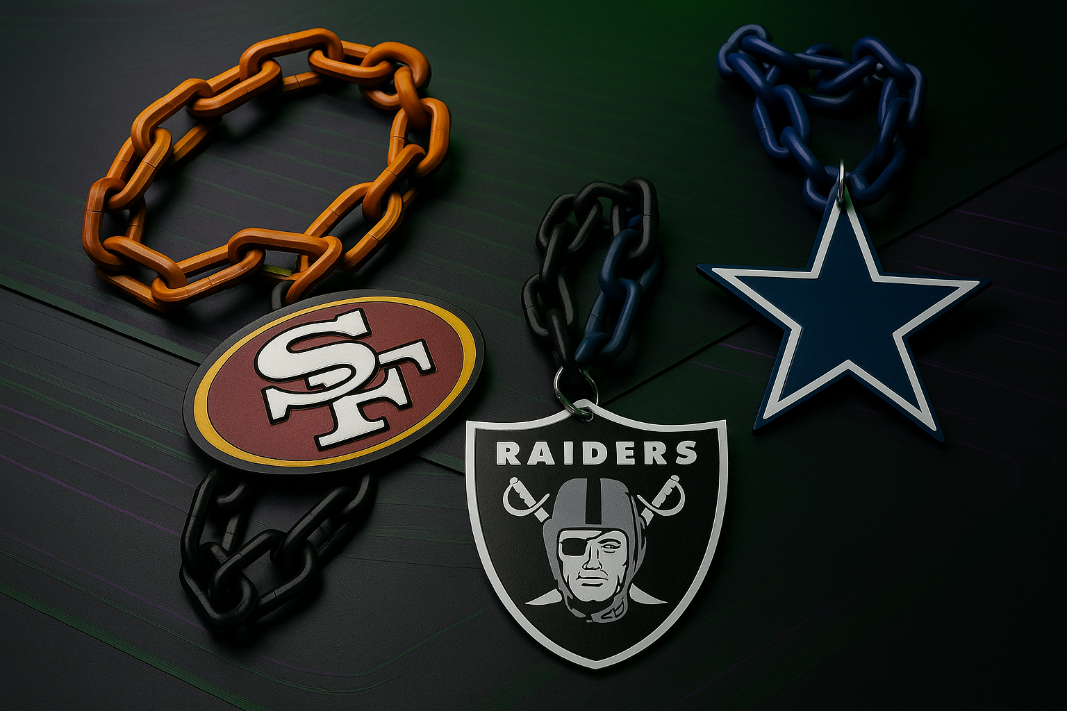 3D printed Big Chains NFL team emblem necklace on display