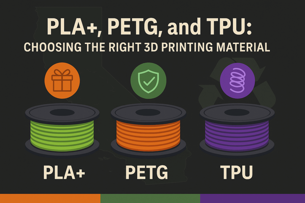 PLA vs PETG vs TPU Infographic showing PLA+, PETG, and TPU 3D printing filament spools with icons for gifts, durability, and flexibility, highlighting recycling in California’s Central Valley.