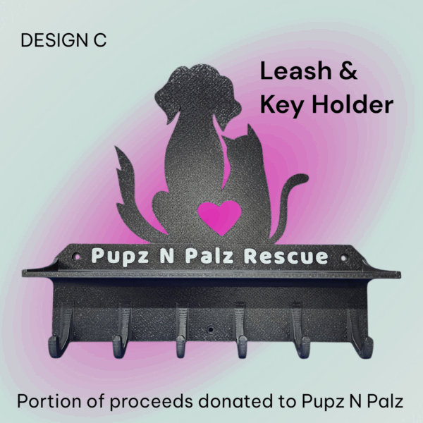 3D printed Pupz N Palz Rescue leash and key holder Design C with dog and cat silhouette and heart cutout by WestSide 3D
