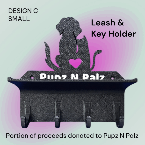 Small 3D printed Pupz N Palz Rescue leash and key holder Design C with dog and cat silhouette and heart cutout by WestSide 3D